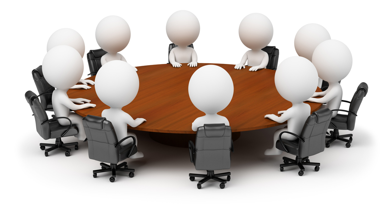 3d small people - session behind a round table. 3d image. Isolated white background.
